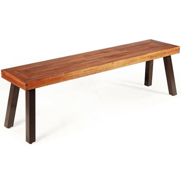 WELLFOR Brown Solid Acacia Wood Outdoor Bench Seat with Steel Legs