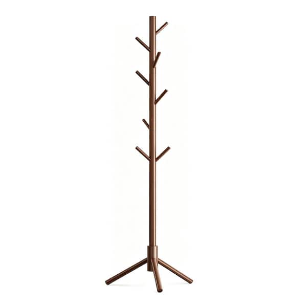 Adjustable Wooden Tree Coat Stand with 8 Hooks, Entryway Hat & Bag Organizer-Brown