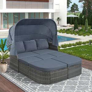 Gray Frame 6-Piece Wicker Outdoor Chaise Lounge Day Bed Sunbed with Retractable Canopy, Gray Cushions and Lifting Table