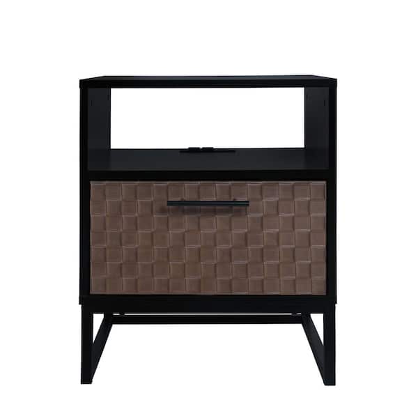 Angel Sar 1-Door Black Wood Nightstand with USB Charging Ports, Storage Bedside Table (21.89 in. H x 18.78 in. W x 15.59 in. D)
