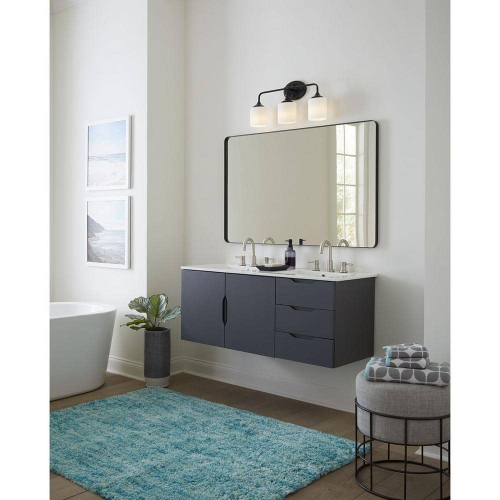 Matte Black 3-Light Bath Vanity with Etched White Glass Shades