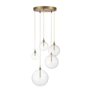 Meridian 28 in. 5-Light Natural Brass Cluster Pendant with Clear Orb Glass Shades and Dimmable LED Light Bulbs Included