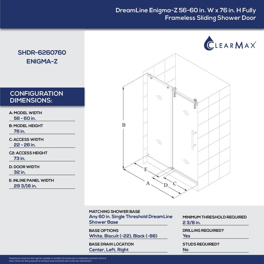 Enigma-Z Frameless Sliding Shower Door with Clear Glass and Stainless Steel Hardware