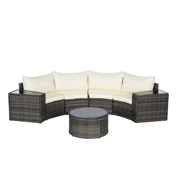 Tenleaf 7-Piece Wicker Patio Conversation Set with Beige Cushions, Tempered Glass Round Coffee Table