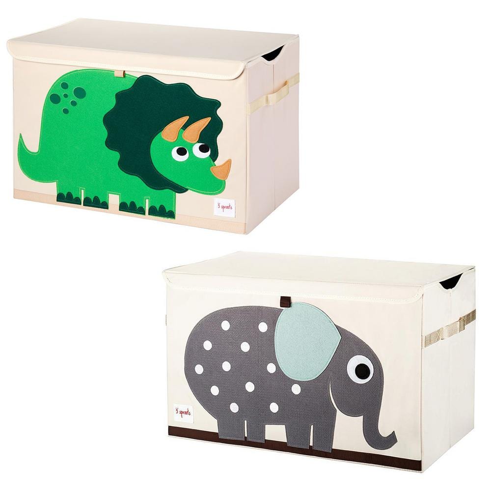 Collapsible Multi-Colored Toy Chest Storage Bin Bundle, Dinosaur Plus Elephant (2-Pack)
