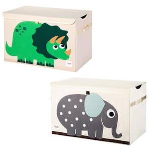 Collapsible Multi-Colored Toy Chest Storage Bin Bundle, Dinosaur Plus Elephant (2-Pack)