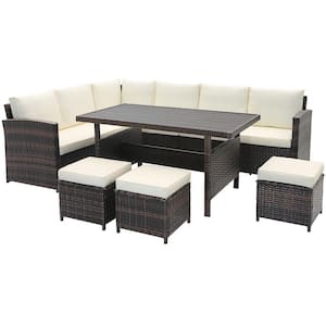 7-Piece Wicker Patio Conversation Furniture Set Sectional Sofa Set with White Cushions