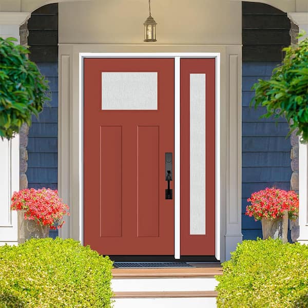 Legacy 51 in. x 80 in. 1/4 Toplite Rain Glass RHOS Primed Morocco Red Finish Fiberglass Prehung Front Door w/12 in. SL