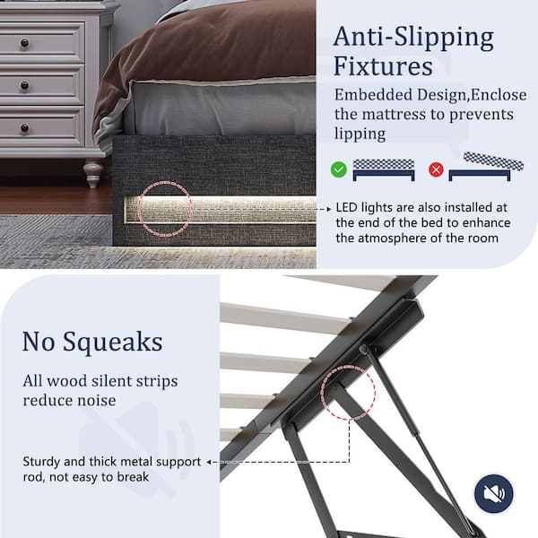 Upholstered Storage Bed Gray Metal Frame Full Platform Bed with Lighted Headboard, USB Ports and Shelves