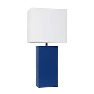 21 in. Modern Blue Leather Table Lamp with White Fabric Shade