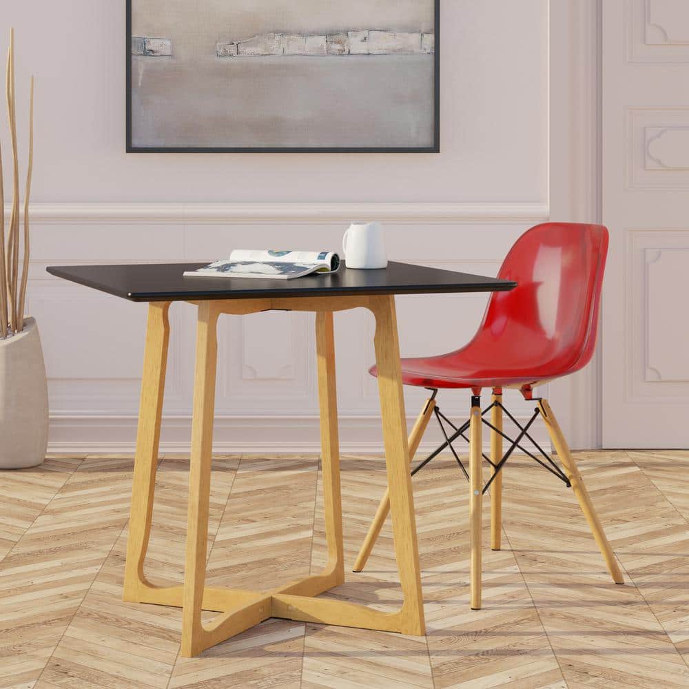 Transparent Red Molded Plastic Side Chair with Wooden Legs