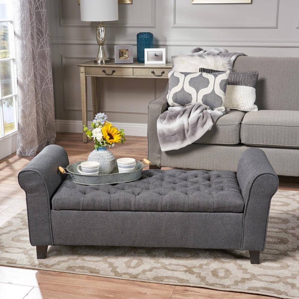 Dark Gray Tufted Fabric Storage Bench with Arms