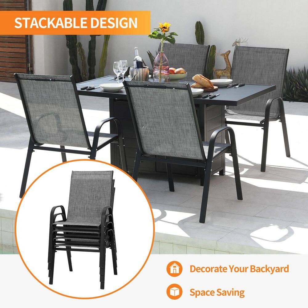 Gray Stackable Steel Frame Outdoor Dining Armchairs, Set of 4