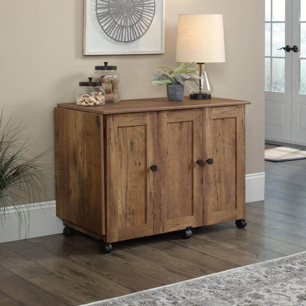 Vintage Oak Finish Rolling Craft and Sewing Cart with Drop Leaf