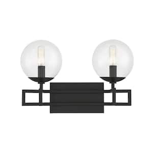 Crosby 16 in. W x 10.5 in. H 2-Light Matte Black Bathroom Vanity Light with Clear Glass Shades