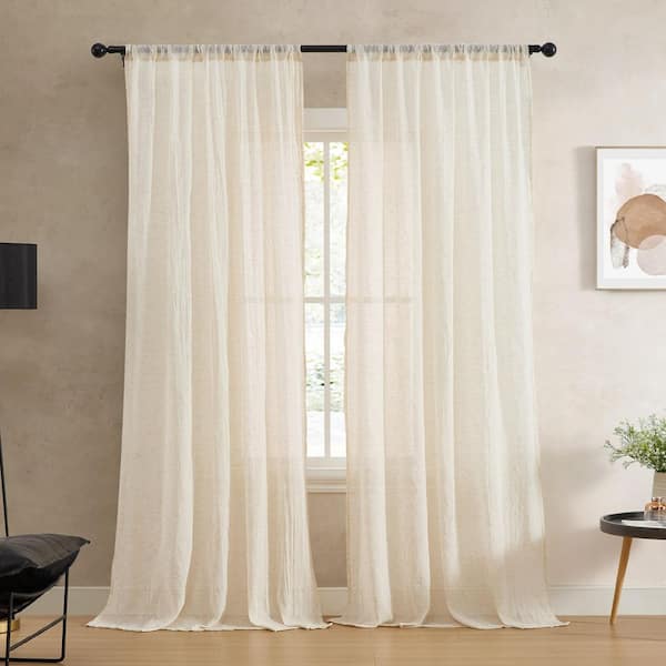 Charter Natural Faux Linen Solid 50 in. W x 96 in. L Easy Care Rod Pocket Indoor Sheer Curtain (Set of 2 Panels)