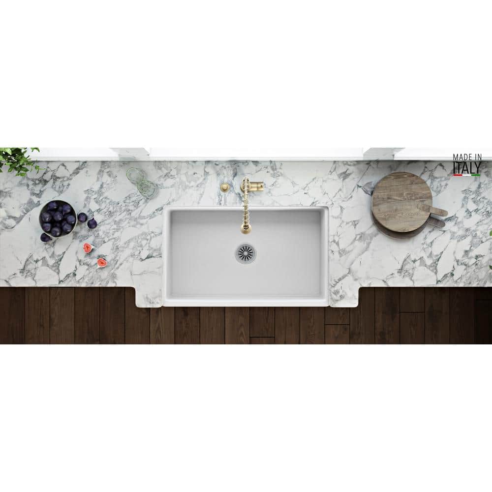 Ruvati 33" White Fireclay Reversible Farmhouse Kitchen Sink