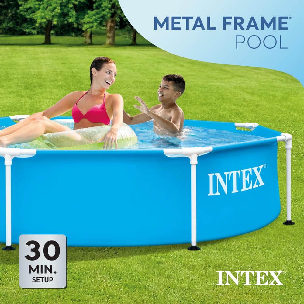 8ft Blue Metal Frame Round Above Ground Swimming Pool with Pump