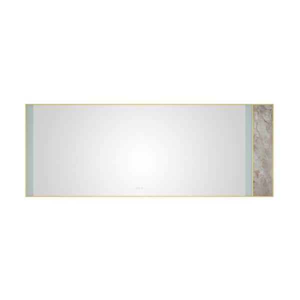 ANGELES HOME 96 in. W x 36 in. H Large Rectangular Stainless Steel Framed Stone Dimmable Wall Bathroom Vanity Mirror in Gold Frame