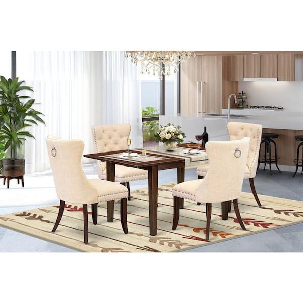 East West Furniture 5-Piece Mahogany Finish Solid Wood Top - Rectangular Upholstered Dining Room Set with Butterfly Leaf - Seats 4