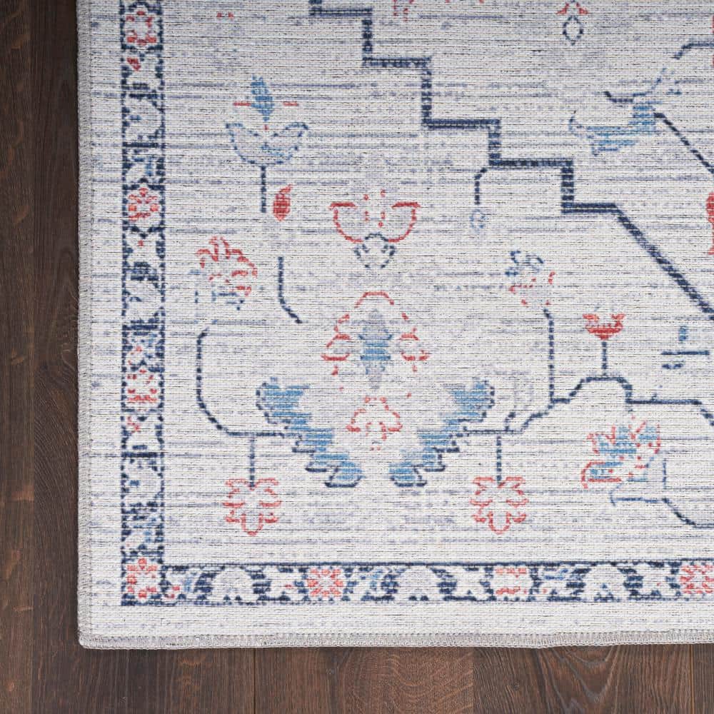 Ivory Blue Floral Cotton Synthetic Runner Rug 2'2" x 10'