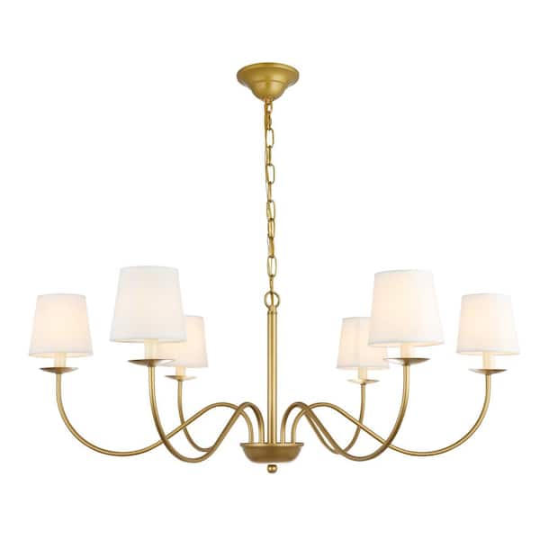 Unbranded 37 in. Home Living 6-Light Brass and White Shade Chandelier with no Bulbs Included