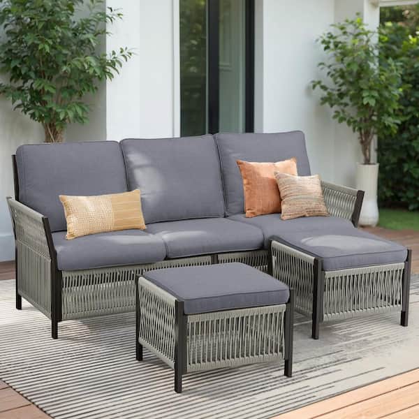 Buenaola Nyajiah 3-Piece Wicker Outdoor Sofa Couch Set Patio Lounge Chair with Gray Cushions, Ottomans