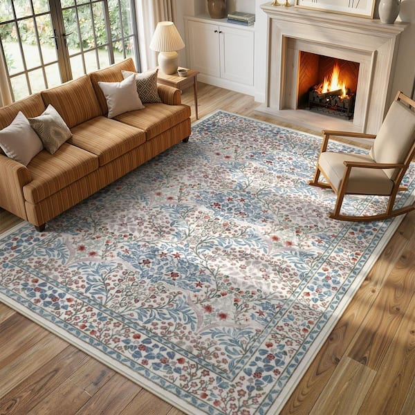 Boho Floral Botanical Washable Non Slip Beige 8 ft. x 10 ft. Living Room Bedroom Area Rug