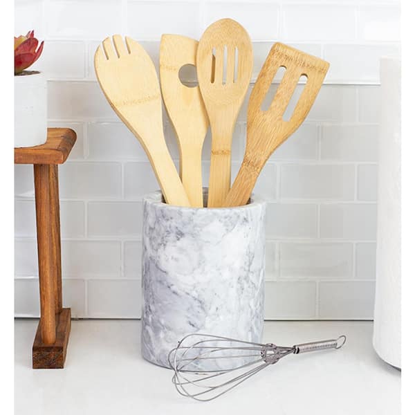 Large and Small Set Marble Pattern Ceramic Kitchen Cooking Utensil Crock  and Dining Cutlery Holder