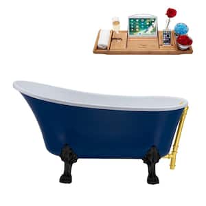55.1 in. Acrylic Clawfoot Non-Whirlpool Bathtub in Matte Dark Blue With Matte Black Clawfeet And Polished Gold Drain