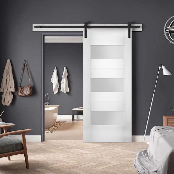Assembly Required 36 in. x 96 in. Single Panel White Solid MDF Sliding Door with Barn Black Hardware