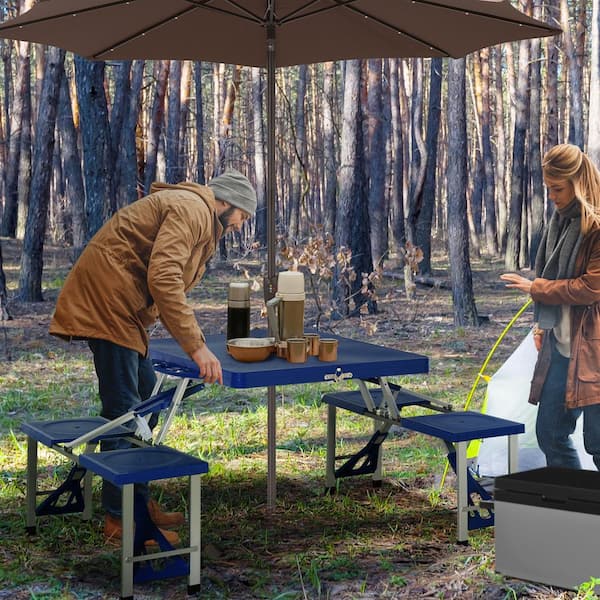 Portable Picnic Camping Table With Umbrella Blue Rectangle