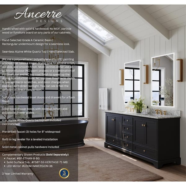 Audrey 72 in. W x 22 in. D Bath Vanity in Black Onyx with Marble Vanity Top in White with White Basin and Gold Hardware