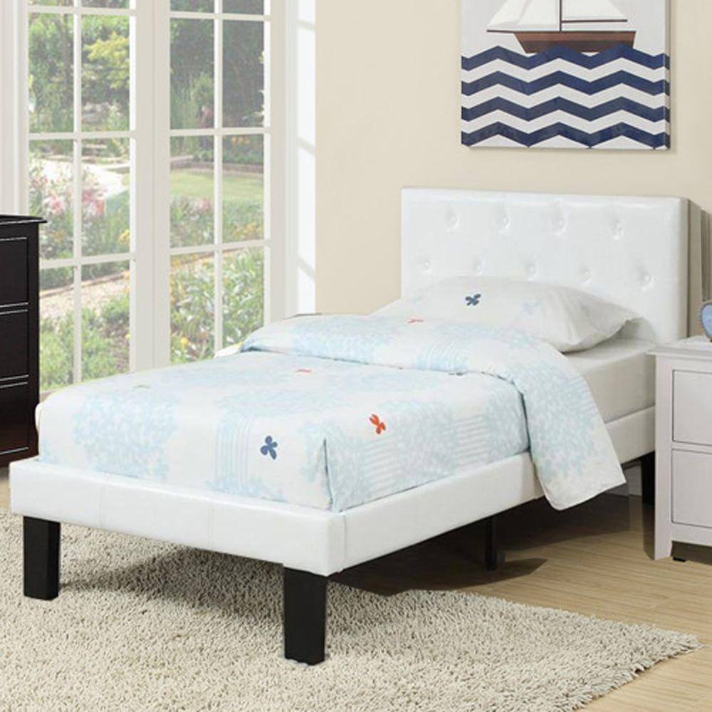 Sleek Modern Twin Bed with White Faux Leather Tufted Headboard