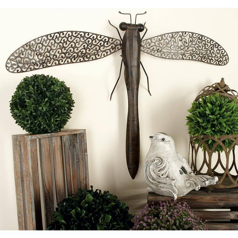 Brown Metal Dragonfly Wall Sculpture with Filigree Wings