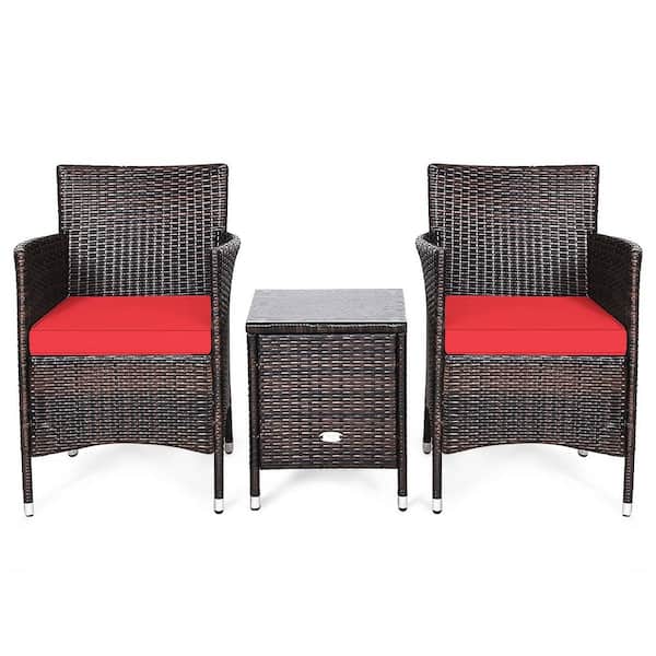 Costway Brown 3-Piece Wicker Patio Conversation Seating Set with Red Cushions