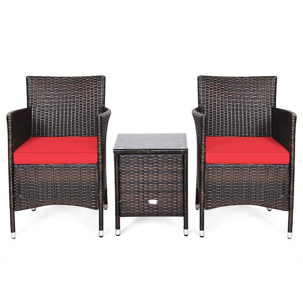 Costway Brown 3-Piece Wicker Patio Conversation Seating Set with Red Cushions QD-6G3G1RE Sansujyuku sansujyuku.com