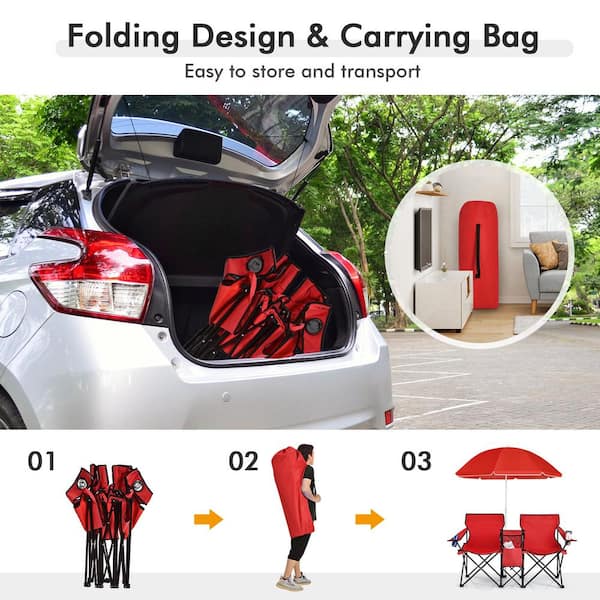 Red Portable Folding Picnic Double Chair with Umbrella for Beach Patio