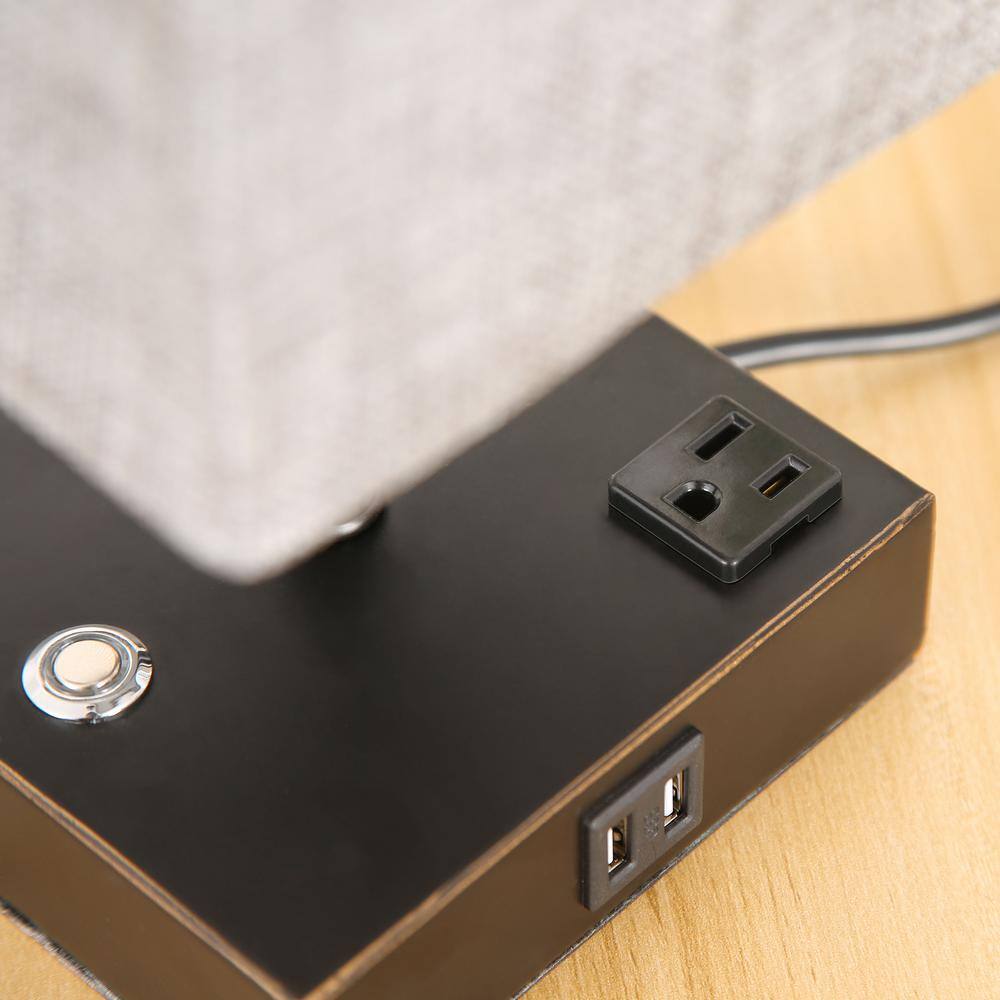 15" Black Touch Control Table Lamp with USB Ports and Fabric Shade