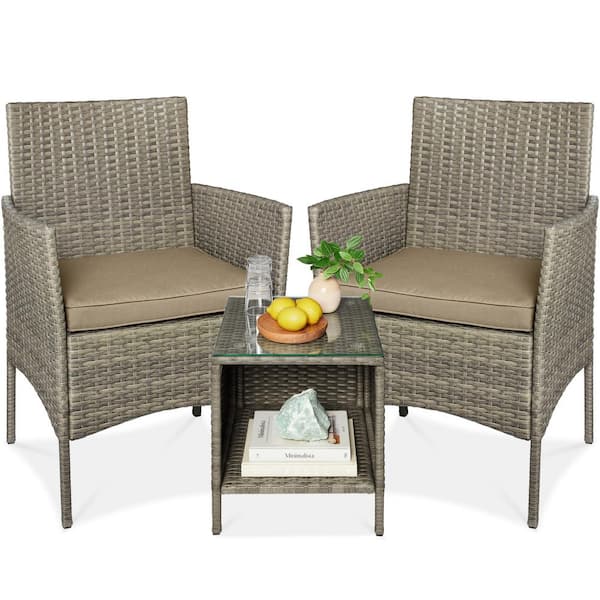 3-Piece Outdoor Wicker Conversation Patio Outdoor Bistro Set, with 2 Chairs, Table, Cushions-Taupe/Desert