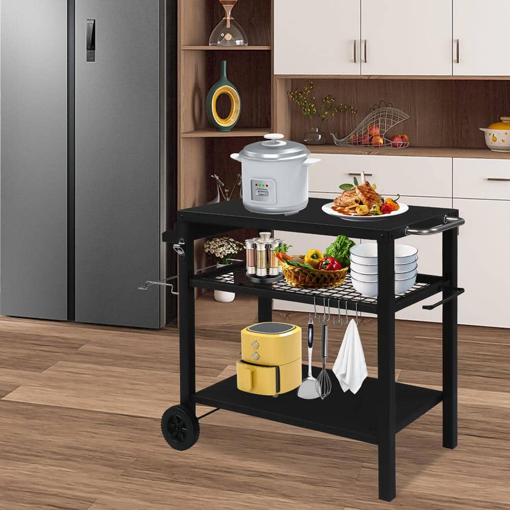 Black Iron 3-Shelf Outdoor Grill Cart with Wheels