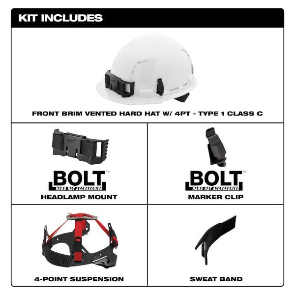Milwaukee BOLT White Type 1 Class C Front Brim Vented Hard Hat w/4 Point Ratcheting Suspension w/High Visibility Mesh Sunshade