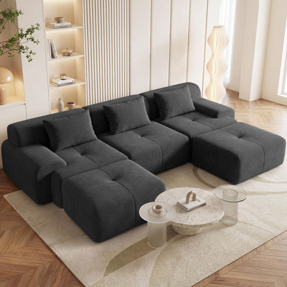 118 in. W 3-Piece Modern Straight Arm Chenille U-Shaped Sectional Sofa with Ottoman in Dark Grey