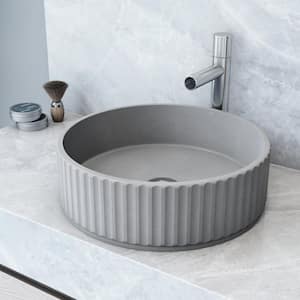 Windsor Modern Gray Concreto Stone 16 in. L x 16 in. W x 5 in. H Round Fluted Bathroom Vessel Sink