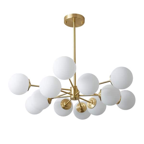 Y'INSP 12-Light Brass Mid-Century Sputnik Chandelier Modern Globe Pendant Light Fixture for Bedroom with Frosted Glass Shades
