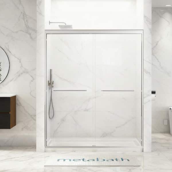 Feelive 56 to 60 in. W x 72 in. H Semi Frameless Double Sliding Shower Door in Chrome with 5/16 in. Tempered Clear Glass