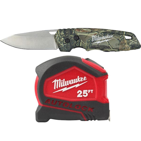 Milwaukee FASTBACK Camo Stainless Steel Folding Knife with 2.95 in. Blade and 25 ft. Compact Auto Lock Tape Measure