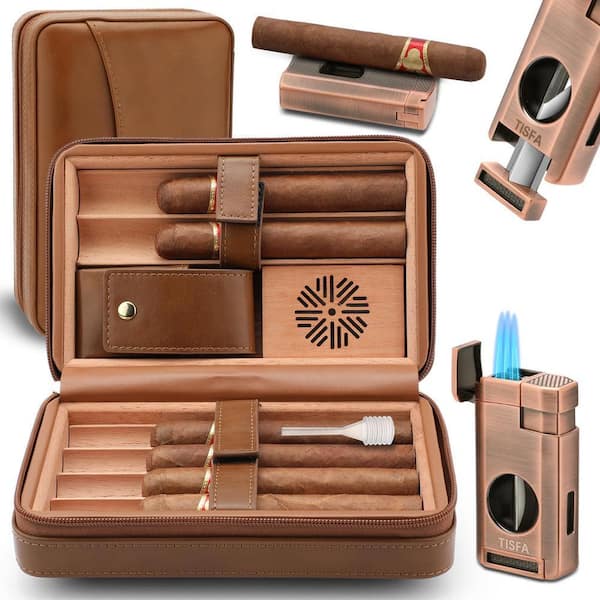 3-in-1, Brown Cigar Humidor, Portable Leather Cedar Wood Cigar Case With Cigar Lighter, V Cut Cigar Cutter, Cigar Holder