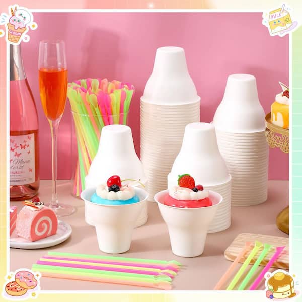 12 fl. oz. White Paper Snow Cone Cups with Colorful Spoon Straws, Insulated Freezer Safe for Summer Parties (Set of 100)