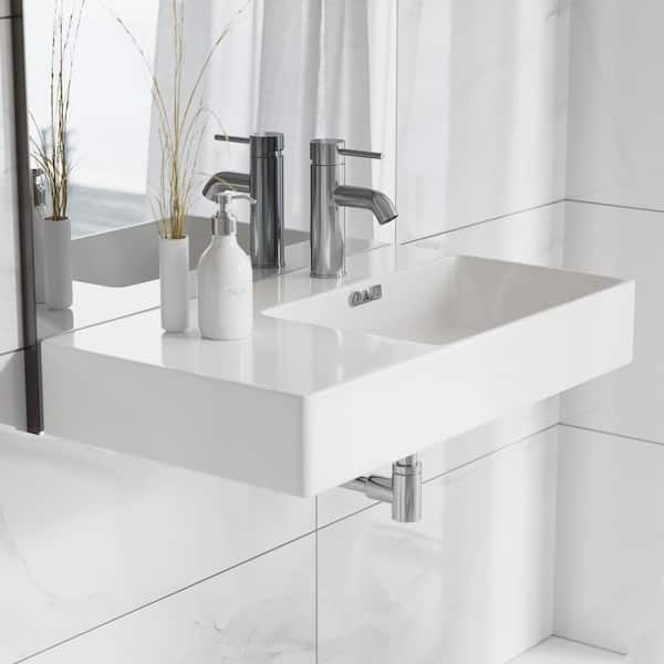 Swiss Madison St Tropez 30 in. W. x 10.5 in. H Glossy White Ceramic Wall Mount Sink with Right Side Faucet Mount